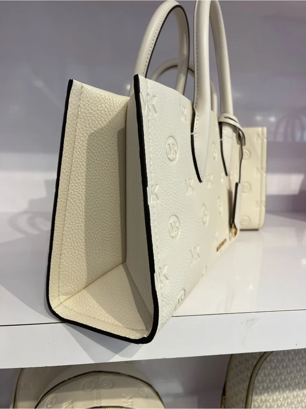 Michael Kors Mirella Md Logo Debossed Satchel Shoulder Tote Handbag Lt Cream NWT